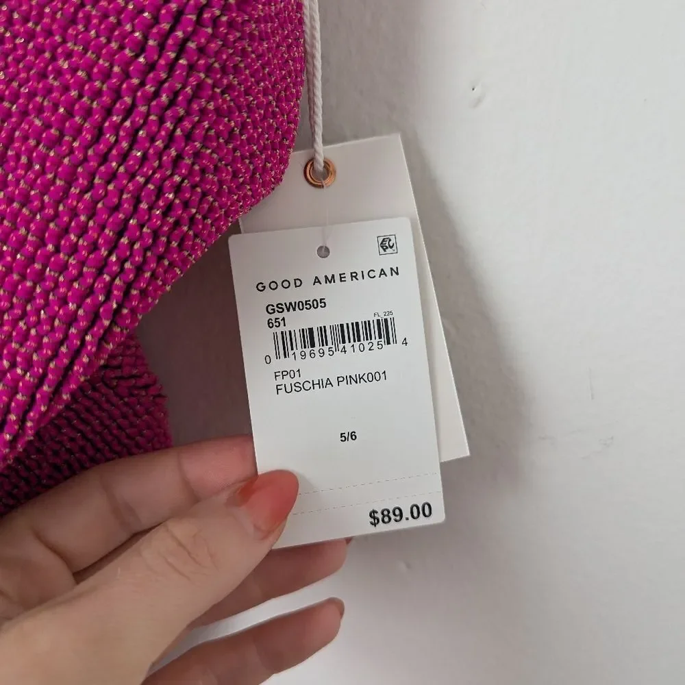 NWT Good American Fuchsia hot pink metallic scrunch Always Fits scoop one piece
